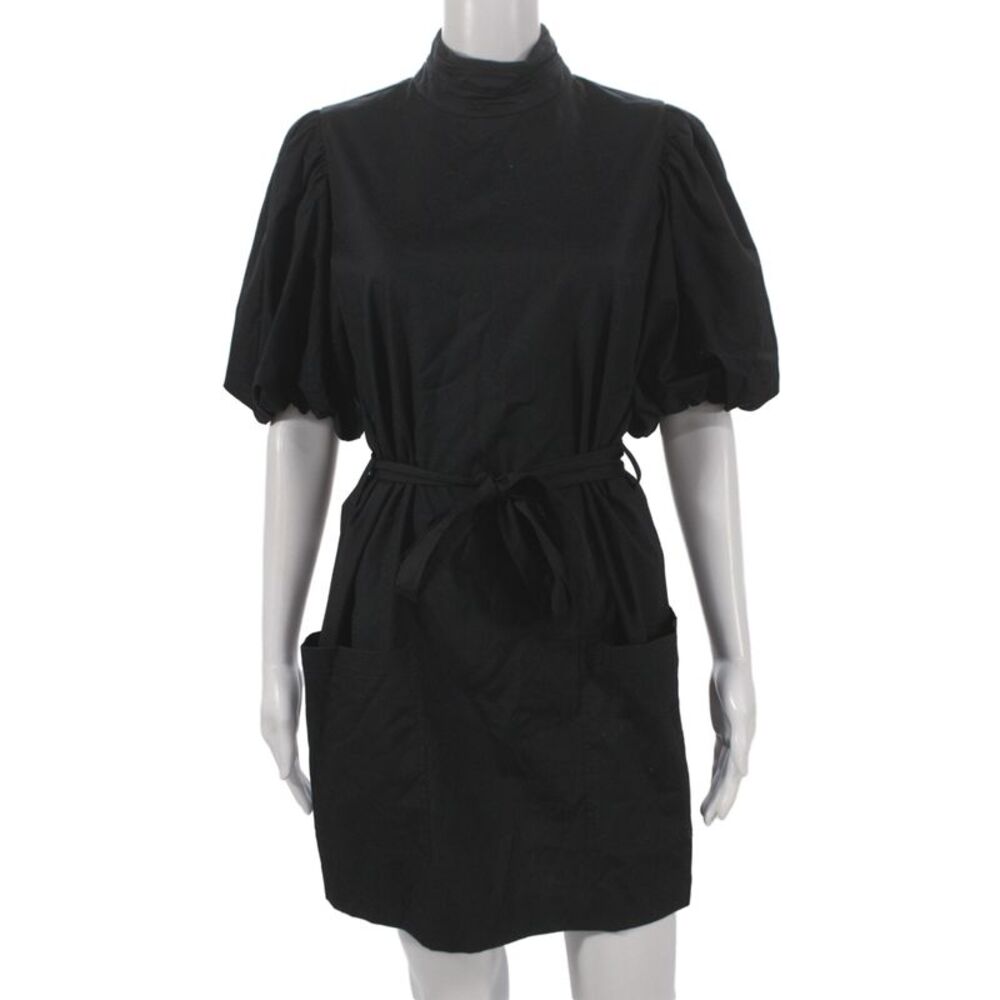 Frame Womens Mini Dress Black Mock Neck Tie Short Sleeve Cotton Size S